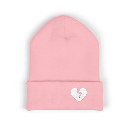 Embroidered Broken Heart Cuffed Beanie — White-Heart Minimalist Knit Hat