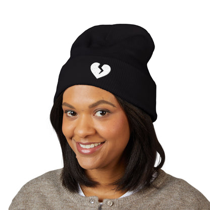 Embroidered Broken Heart Cuffed Beanie — White-Heart Minimalist Knit Hat