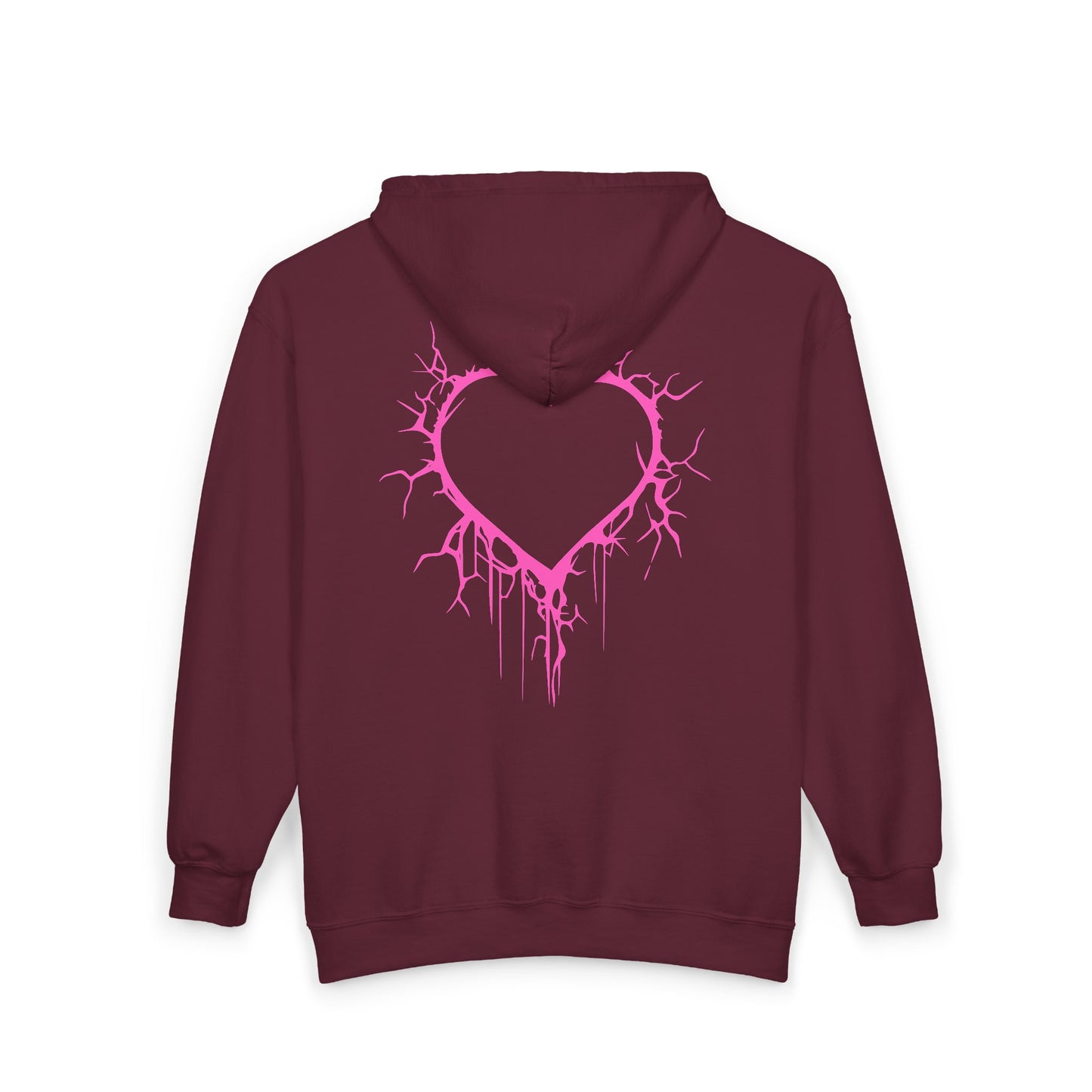 Lightning-Cracked Hollow Heart Zip Hoodie — Alternative/Goth/Punk Bleeding Heart Full‑Zip Sweatshirt in Electric Pink (The Only Hearts Collection)