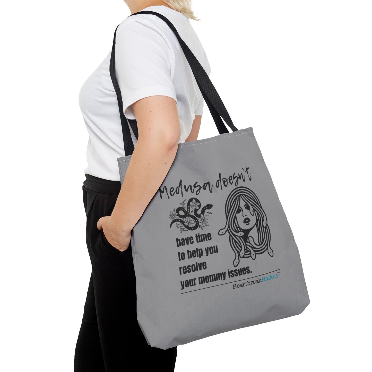 Medusa and Your Mommy Haiku - Tote Bag (Dual-sided print in Stone Grey)