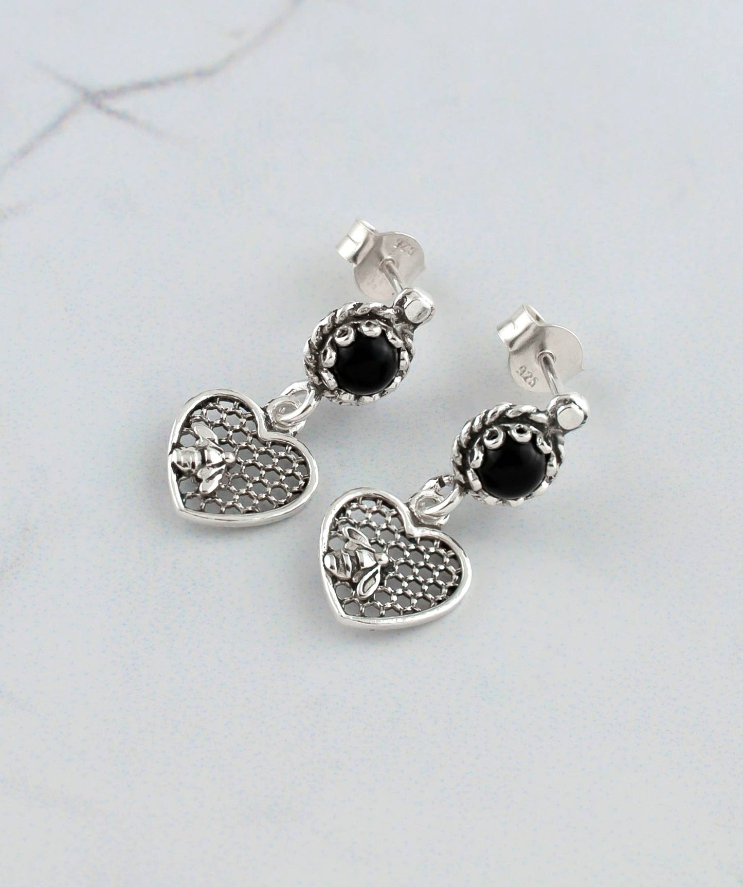 Bee on Honeycomb Heart Sterling Silver Gemstone Stud Earrings