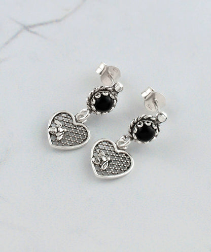 Bee on Honeycomb Heart Sterling Silver Gemstone Stud Earrings