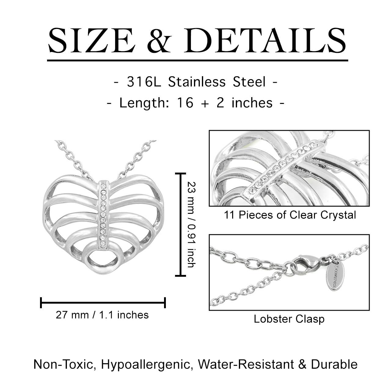 Elegant Ribcage Necklace Heart Pendant Design with Crystal