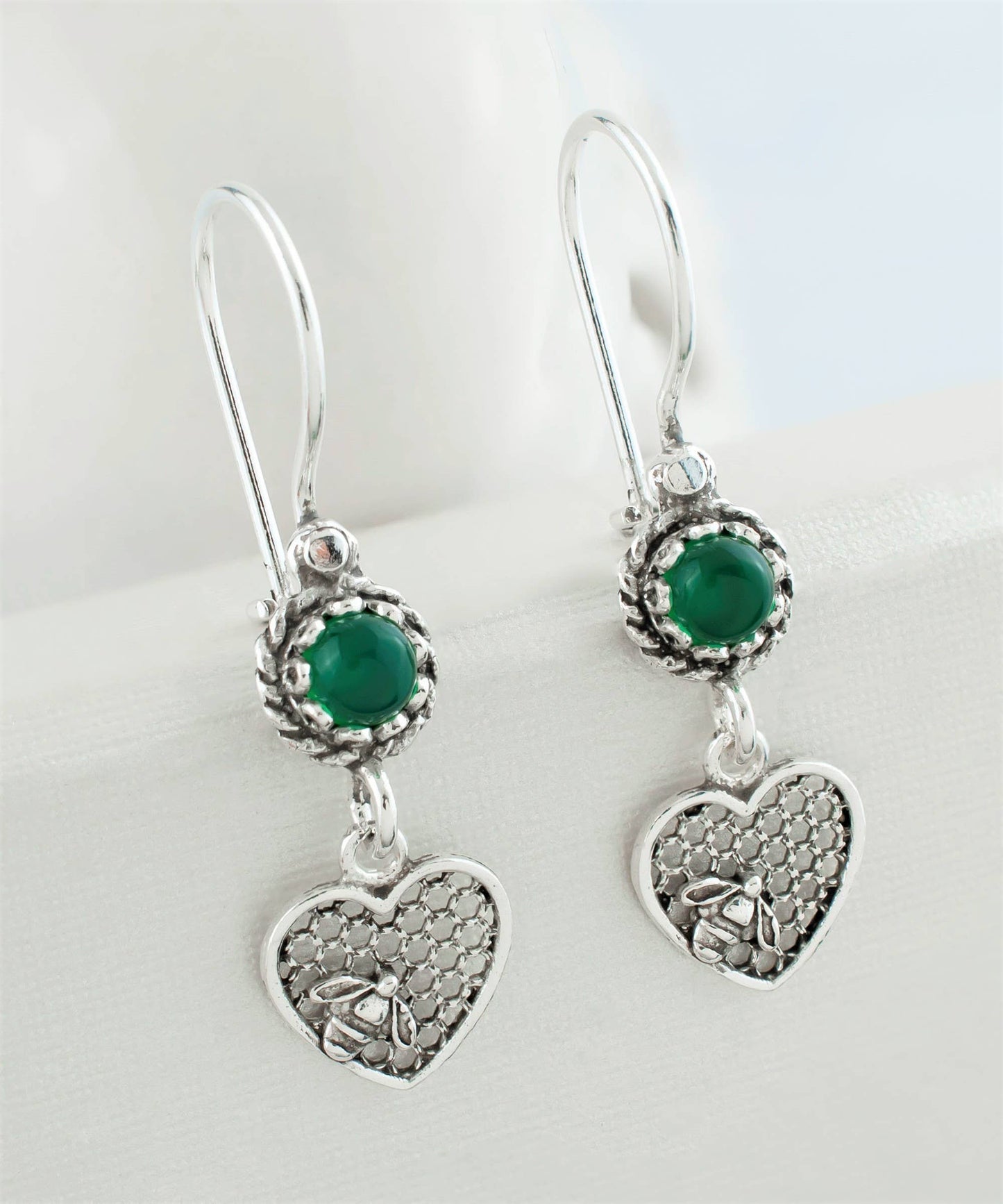 Bee on Honeycomb Heart - Gemstone Sterling Silver Dangle Drop Earrings