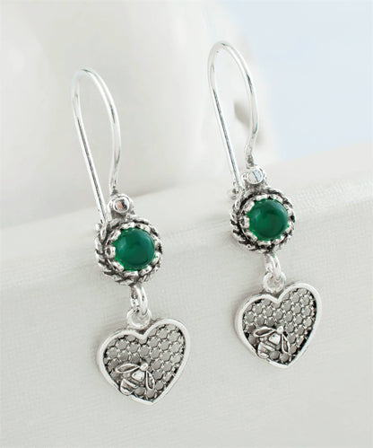 Bee on Honeycomb Heart - Gemstone Sterling Silver Dangle Drop Earrings