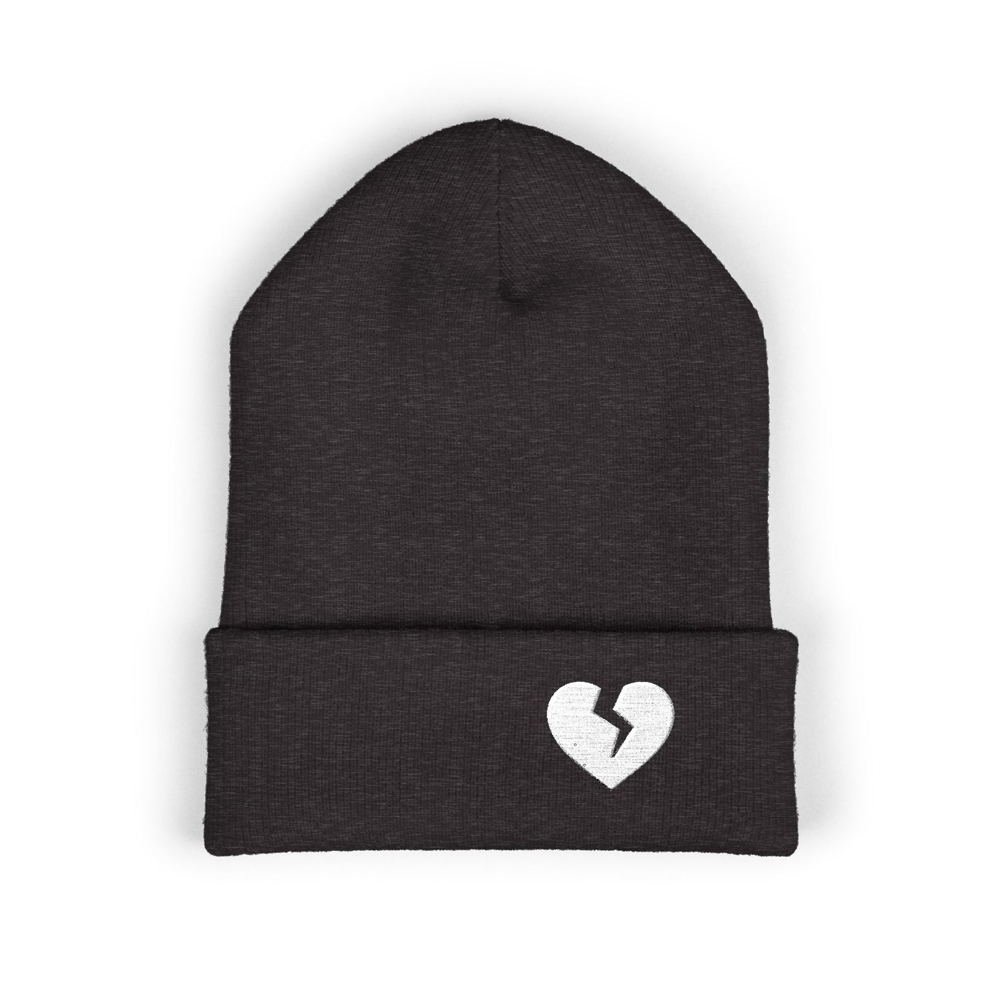 Embroidered Broken Heart Cuffed Beanie — White-Heart Minimalist Knit Hat