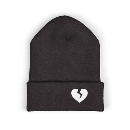 Embroidered Broken Heart Cuffed Beanie — White-Heart Minimalist Knit Hat