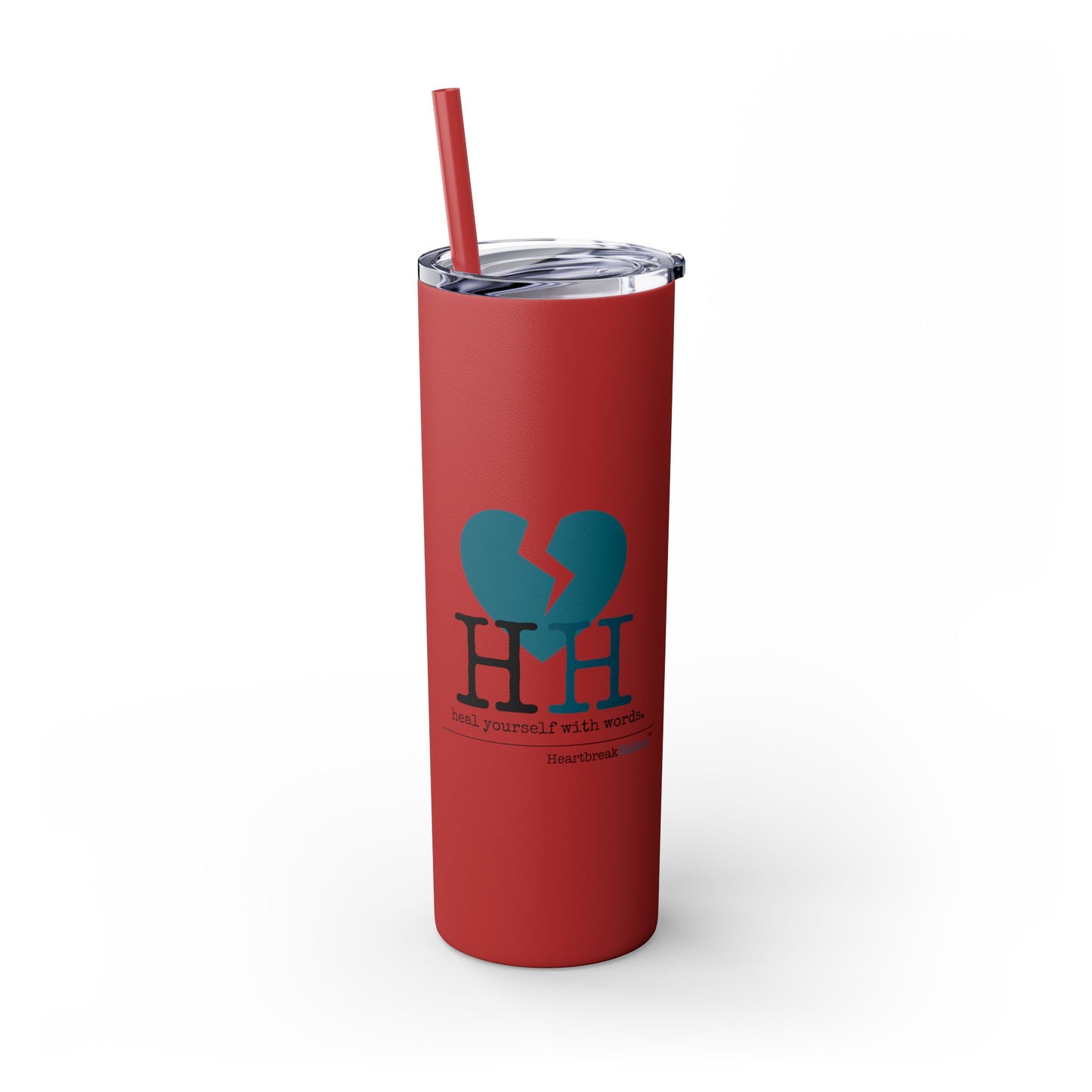 "Heal yourself with words." (Broken heart design) Skinny Tumbler with Eco-Friendly, Reusable, Matching Straw, 20oz