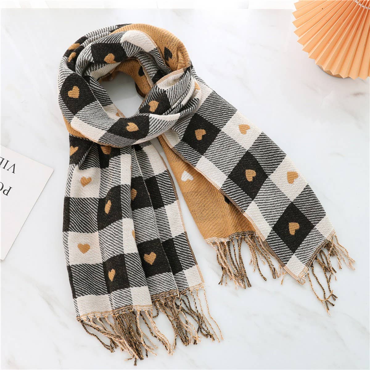Plaid Scarf - Heart Colorblock Tassel Winter Scarf or Shawl