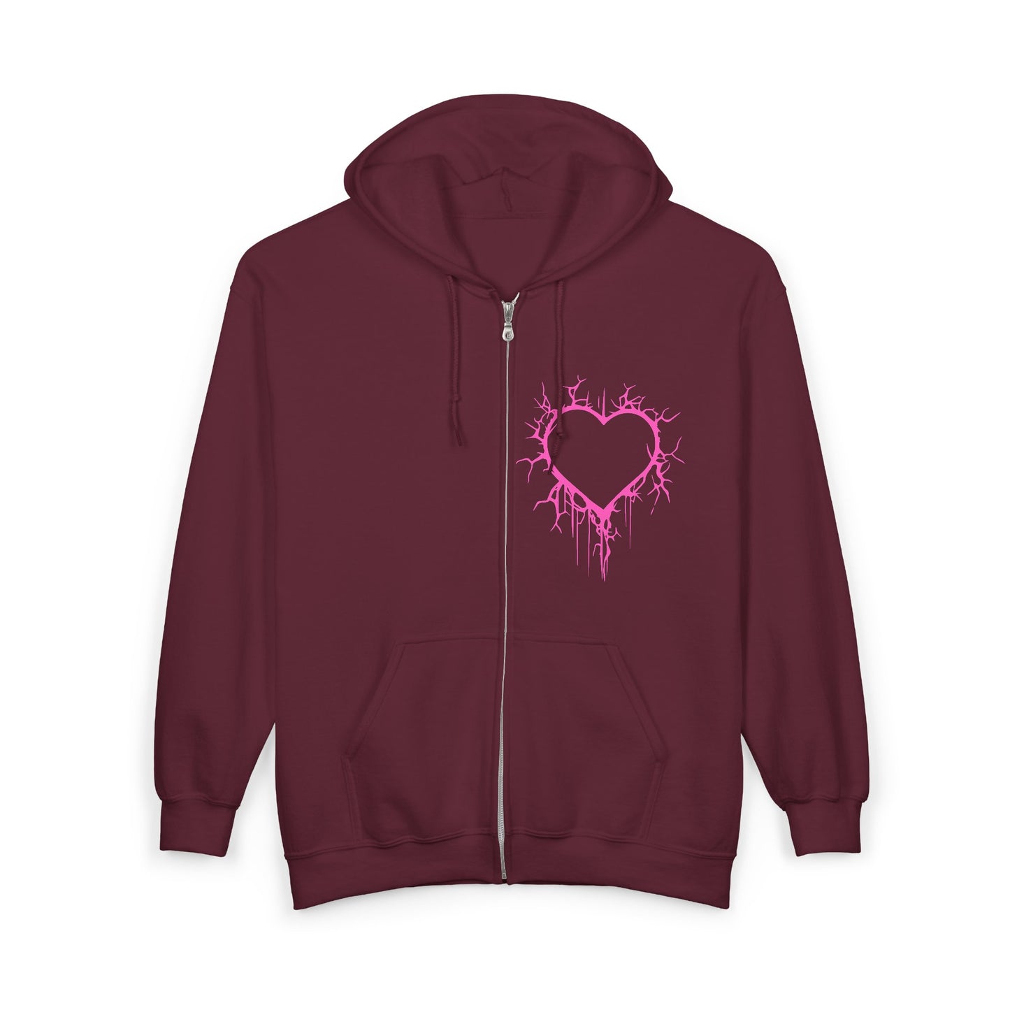 Lightning-Cracked Hollow Heart Zip Hoodie — Alternative/Goth/Punk Bleeding Heart Full‑Zip Sweatshirt in Electric Pink (The Only Hearts Collection)