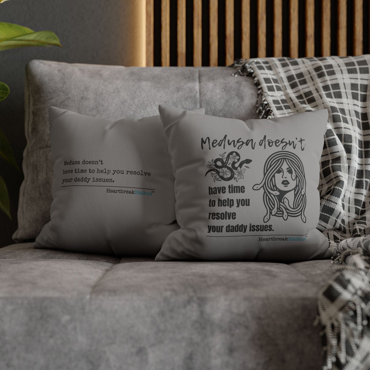 Medusa and Your Daddy Haiku - Faux Suede Square Pillowcase in Stone Grey