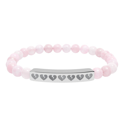 Broken Hearts Engraved Natural Stone Bar Bracelet — Stretch Beaded Heart Accent (The Only Hearts Collection)