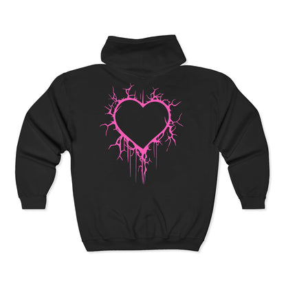 Lightning-Cracked Hollow Heart Zip Hoodie — Alternative/Goth/Punk Bleeding Heart Full‑Zip Sweatshirt in Electric Pink (The Only Hearts Collection)