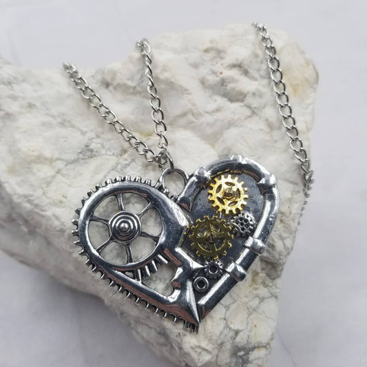 Chrome Steampunk Gear Heart Necklace