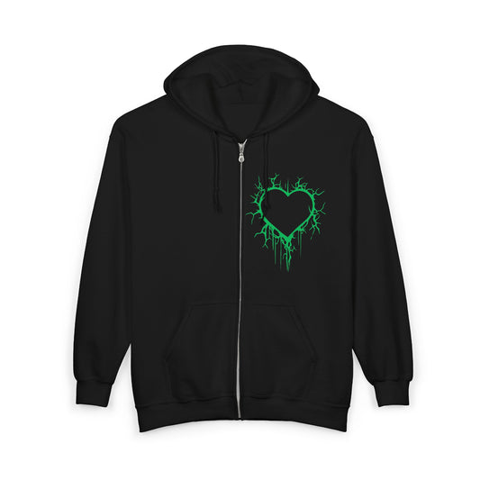 Lightning-Cracked Hollow Heart Zip Hoodie (in Electric Green) - (The Only Hearts Collection)