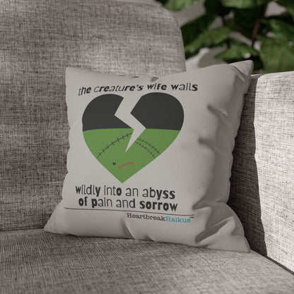 The Creature's Wife Wails Frankenstein Haiku - Faux Suede Square Pillowcase (in light grey)