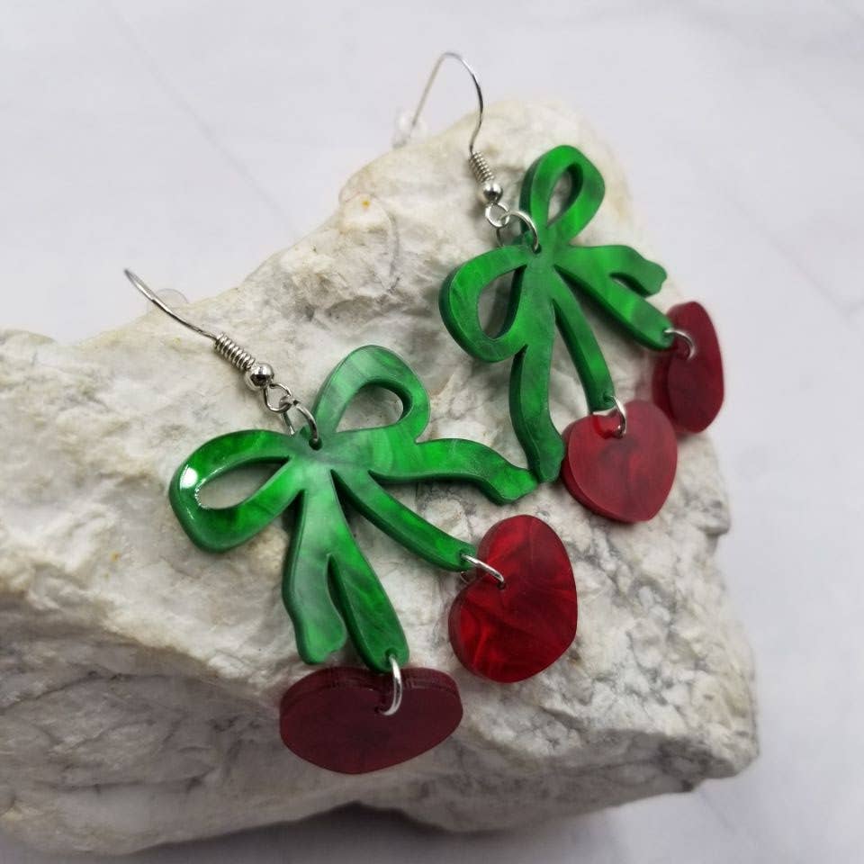 Cherry Hearts with Green Bow Acrylic Earrings