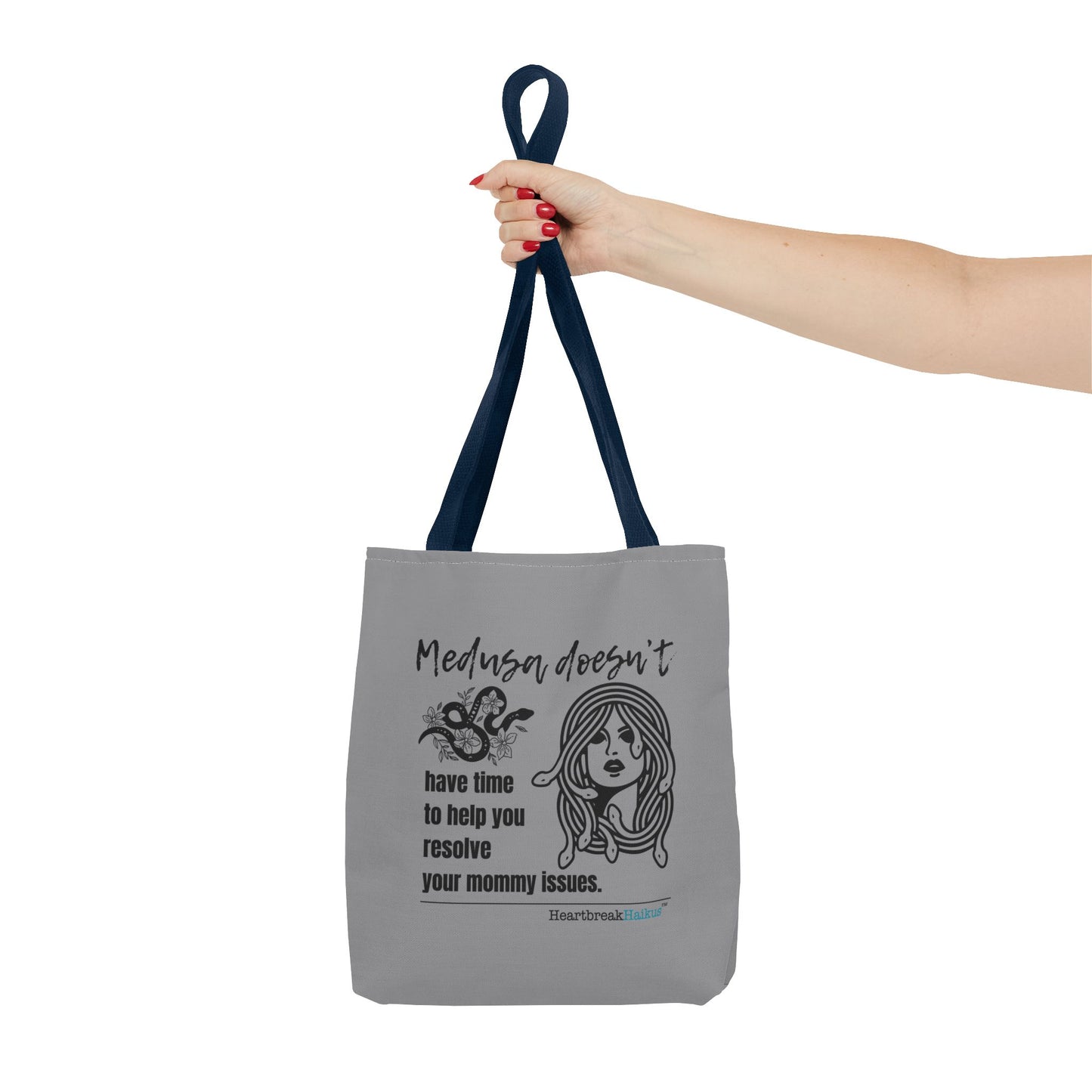 Medusa and Your Mommy Haiku - Tote Bag (Dual-sided print in Stone Grey)