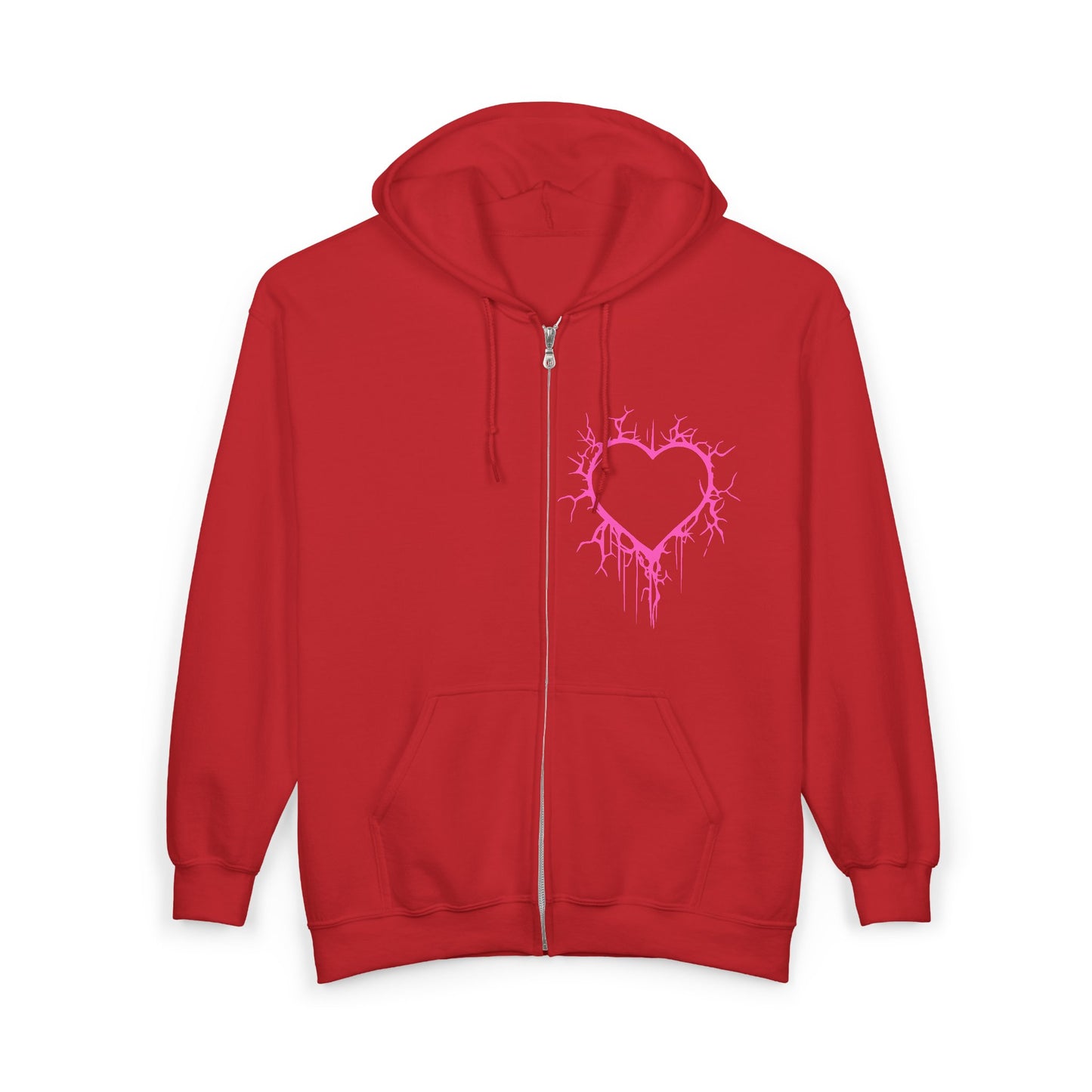 Lightning-Cracked Hollow Heart Zip Hoodie — Alternative/Goth/Punk Bleeding Heart Full‑Zip Sweatshirt in Electric Pink (The Only Hearts Collection)