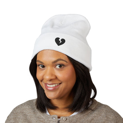 Embroidered Broken Heart Cuffed Beanie — Black-Heart Minimalist Knit Hat