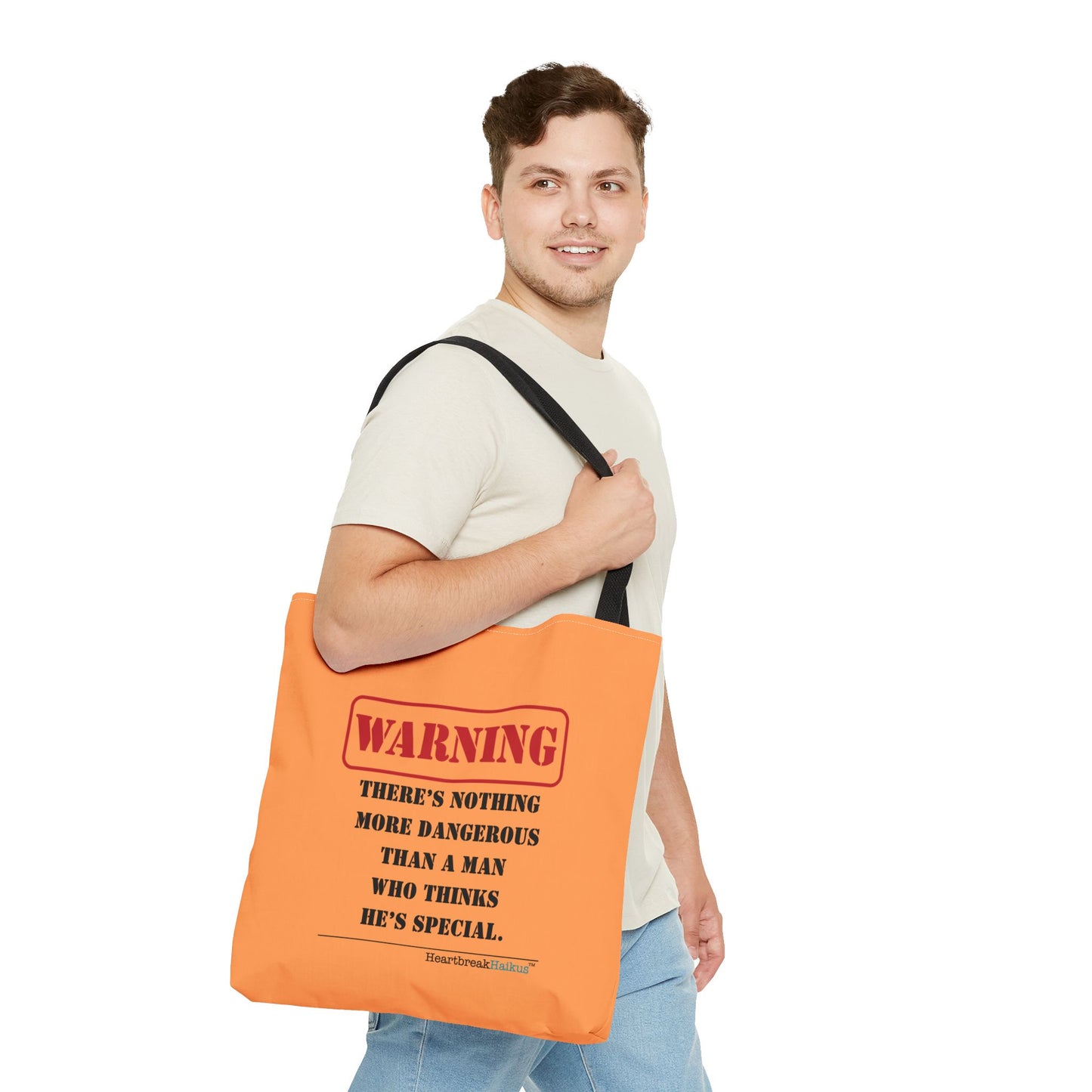 Warning: Dangerous Special Man Haiku Tote Bag (dual-sided design in Orange Tangerine)