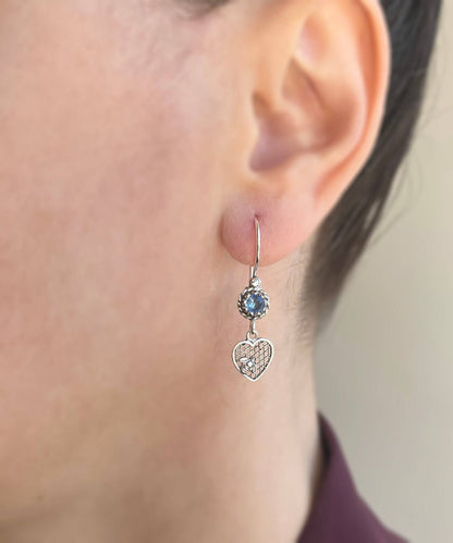 Bee on Honeycomb Heart - Gemstone Sterling Silver Dangle Drop Earrings