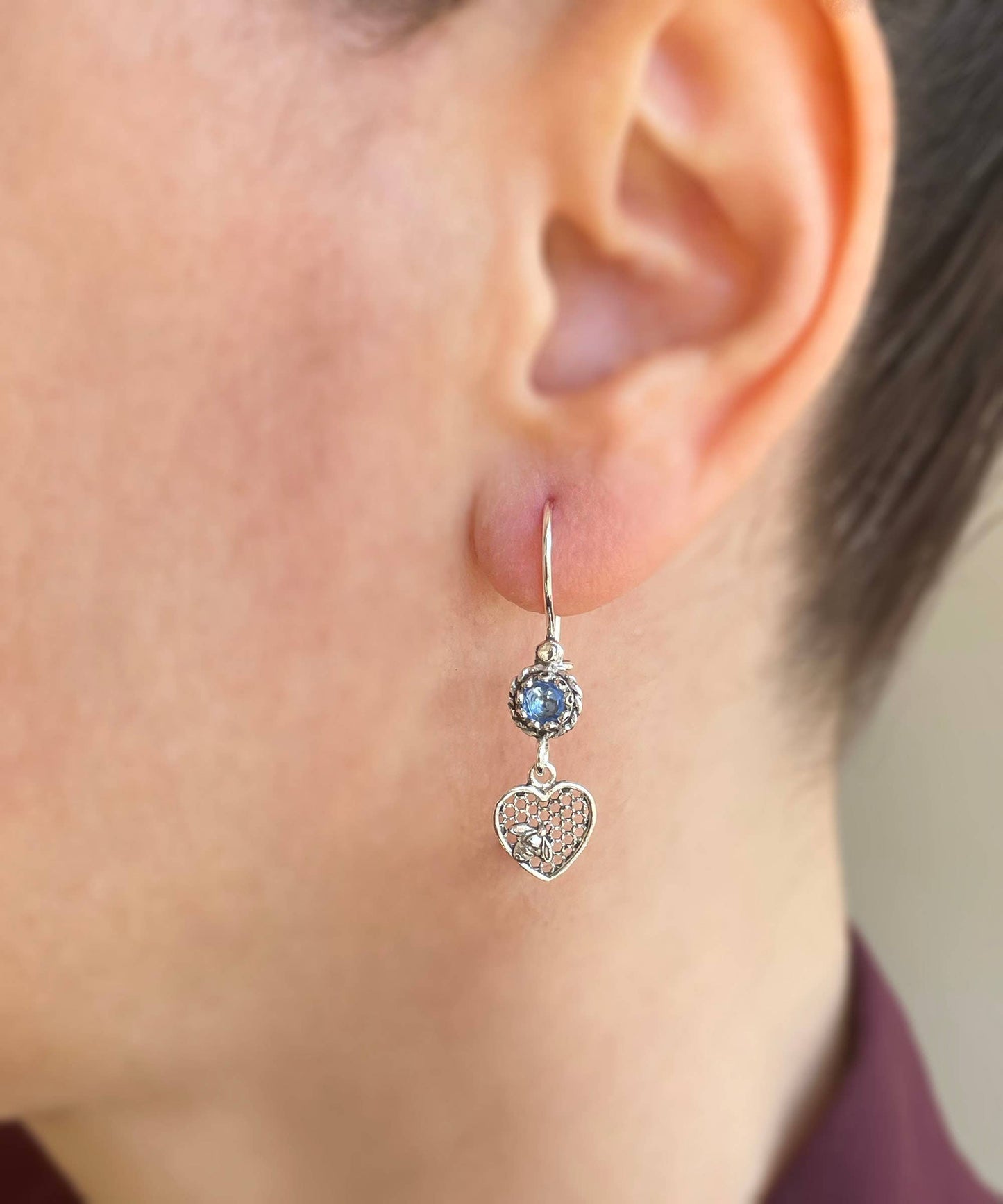 Bee on Honeycomb Heart - Gemstone Sterling Silver Dangle Drop Earrings