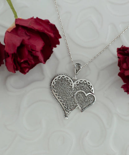 Sterling Silver Filigree Heart in Heart Pendant Necklace