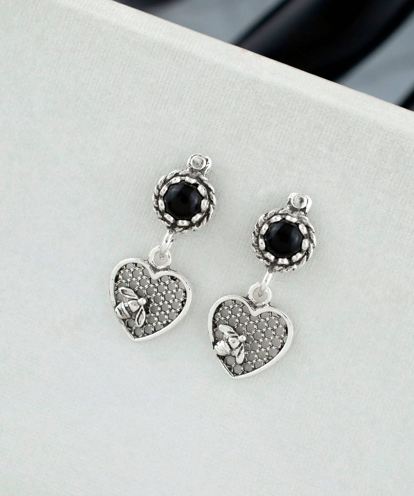Bee on Honeycomb Heart Sterling Silver Gemstone Stud Earrings