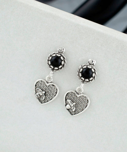 Bee on Honeycomb Heart Sterling Silver Gemstone Stud Earrings
