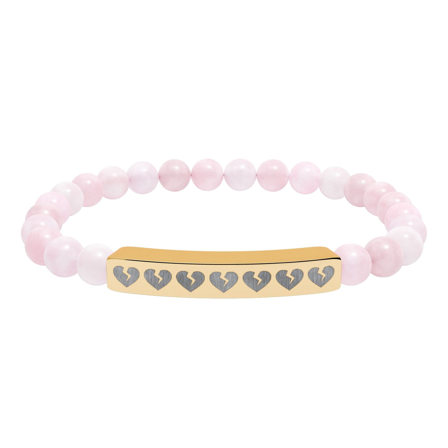 Broken Hearts Engraved Natural Stone Bar Bracelet — Stretch Beaded Heart Accent (The Only Hearts Collection)