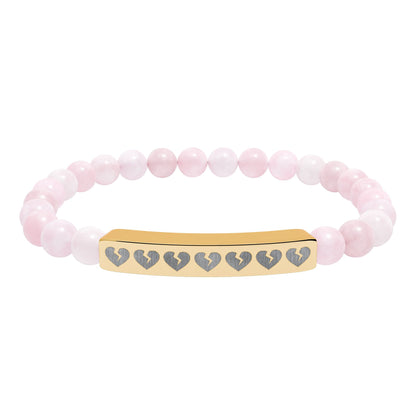 Broken Hearts Engraved Natural Stone Bar Bracelet — Stretch Beaded Heart Accent (The Only Hearts Collection)