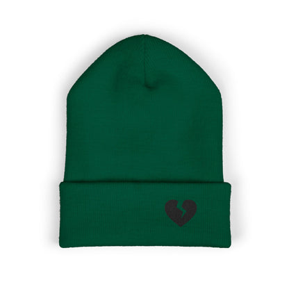Embroidered Broken Heart Cuffed Beanie — Black-Heart Minimalist Knit Hat