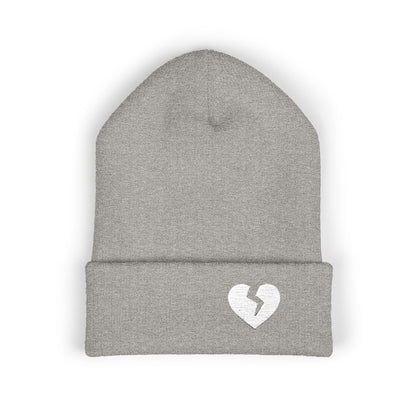 Embroidered Broken Heart Cuffed Beanie — White-Heart Minimalist Knit Hat