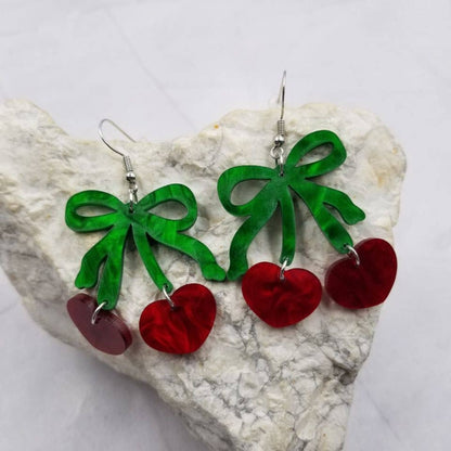 Cherry Hearts with Green Bow Acrylic Earrings