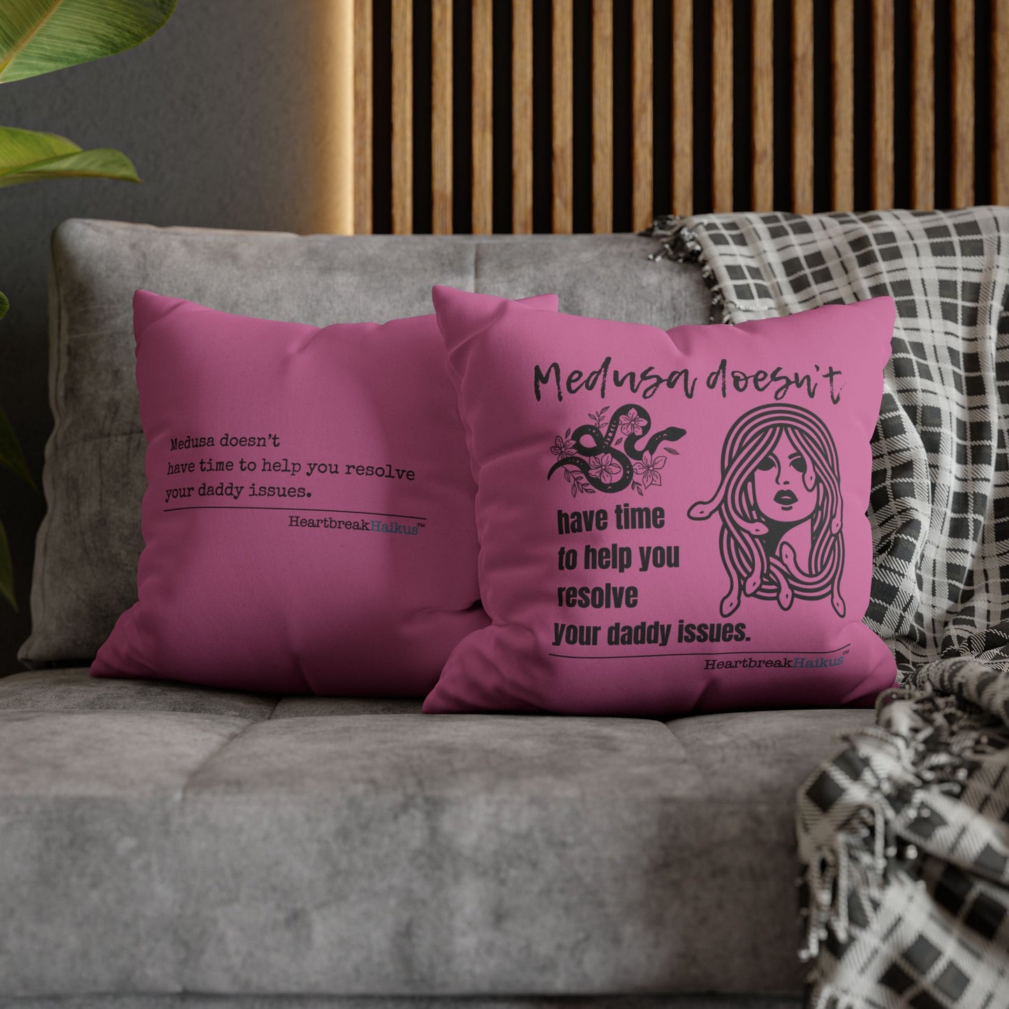 Medusa and Your Daddy Haiku - Faux Suede Square Pillowcase (in Candy Pink)