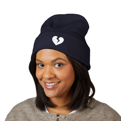 Embroidered Broken Heart Cuffed Beanie — White-Heart Minimalist Knit Hat