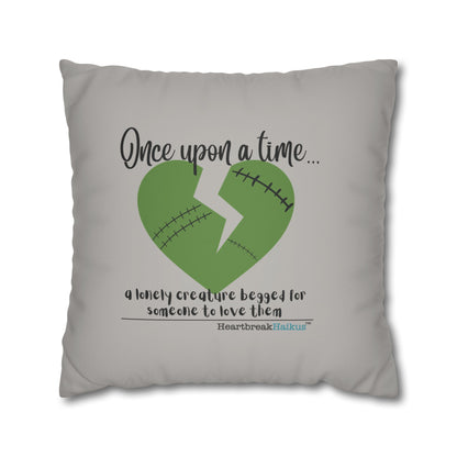 A Lonely Creature Begged Frankenstein Haiku - Faux Suede Square Pillowcase (in Light Grey)