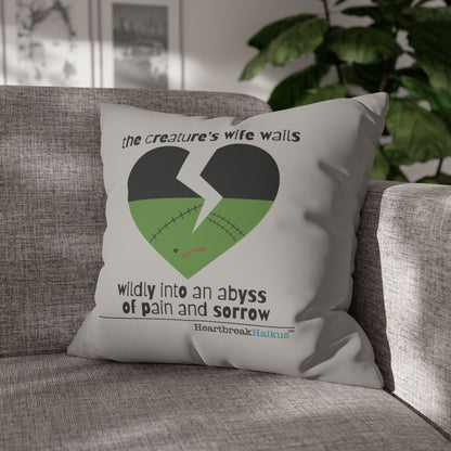 The Creature's Wife Wails Frankenstein Haiku - Faux Suede Square Pillowcase (in light grey)