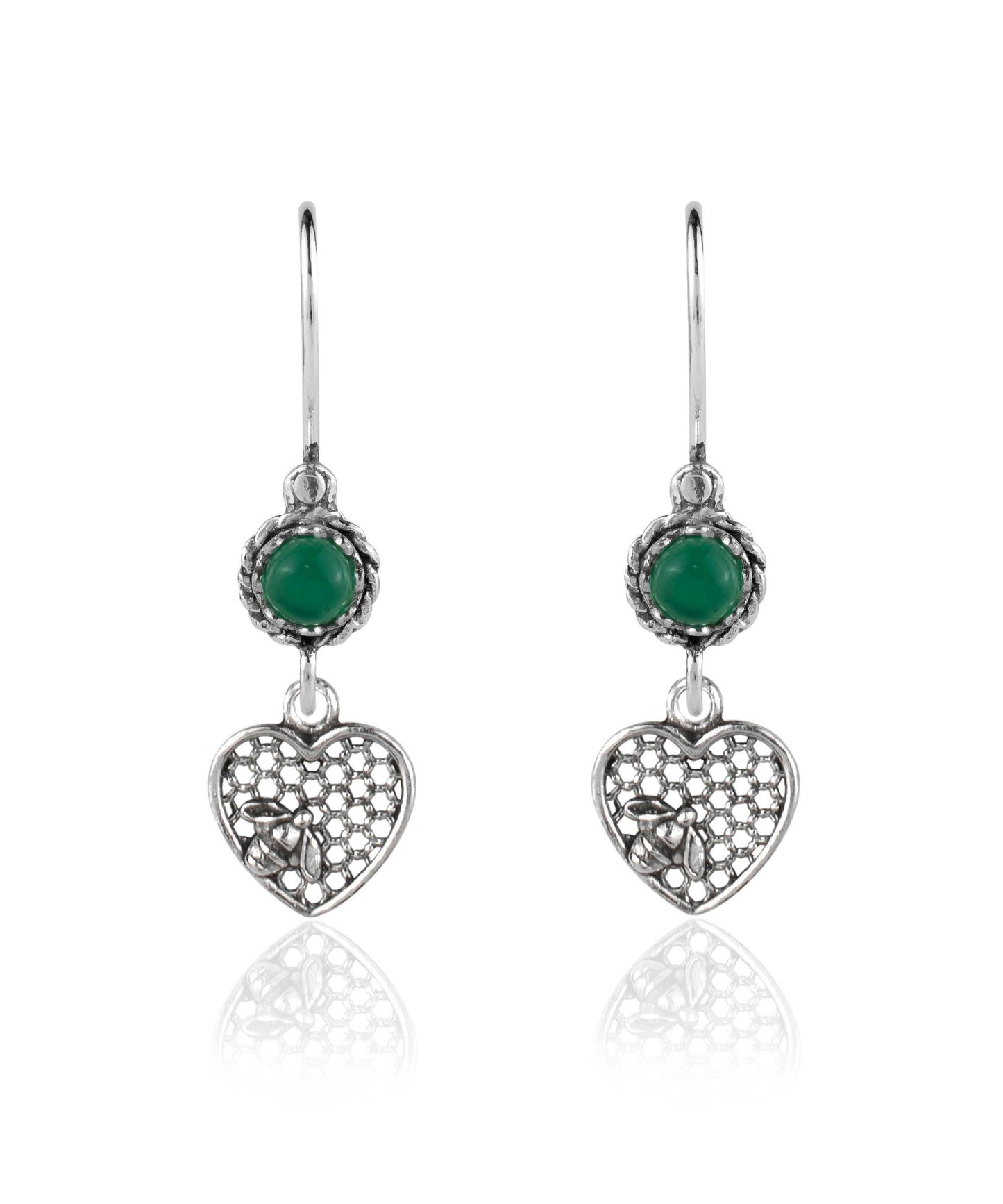 Bee on Honeycomb Heart - Gemstone Sterling Silver Dangle Drop Earrings