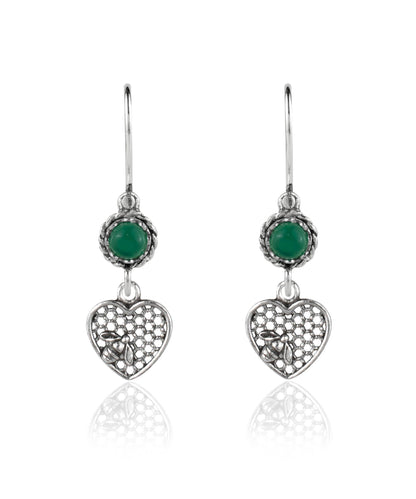Bee on Honeycomb Heart - Gemstone Sterling Silver Dangle Drop Earrings