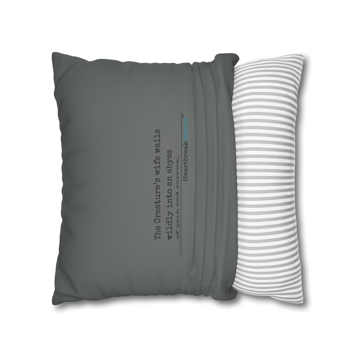 The Creature's Wife Wails Frankenstein Haiku - Faux Suede Square Pillowcase (in Moody Grey) - Frankenstein 2025 Makeover