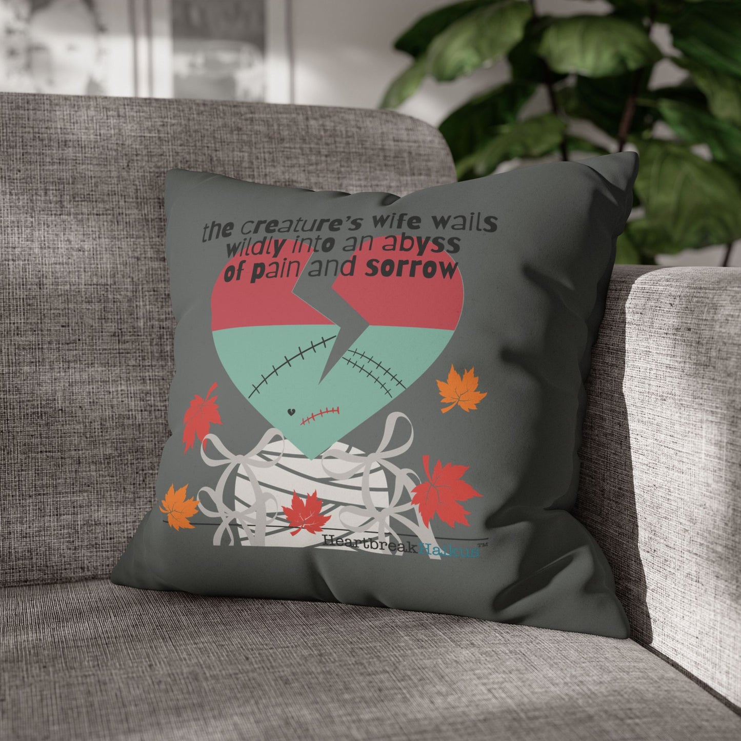 The Creature's Wife Wails Frankenstein Haiku - Faux Suede Square Pillowcase (in Moody Grey) - Frankenstein 2025 Makeover