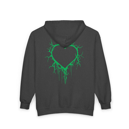 Lightning-Cracked Hollow Heart Zip Hoodie (in Electric Wicked Green) - (The Only Hearts Collection)