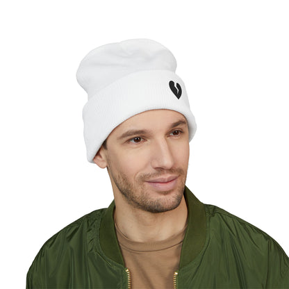 Embroidered Broken Heart Cuffed Beanie — Black-Heart Minimalist Knit Hat