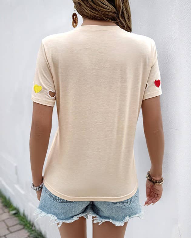 Embroidered and Hollow-Heart Short-Sleeved T-Shirt