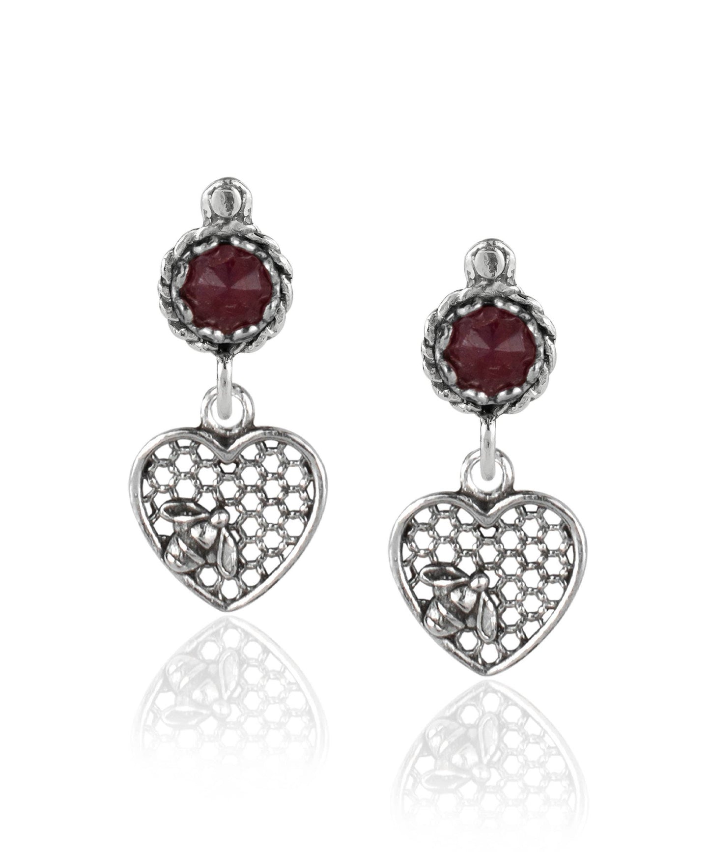 Bee on Honeycomb Heart Sterling Silver Gemstone Stud Earrings