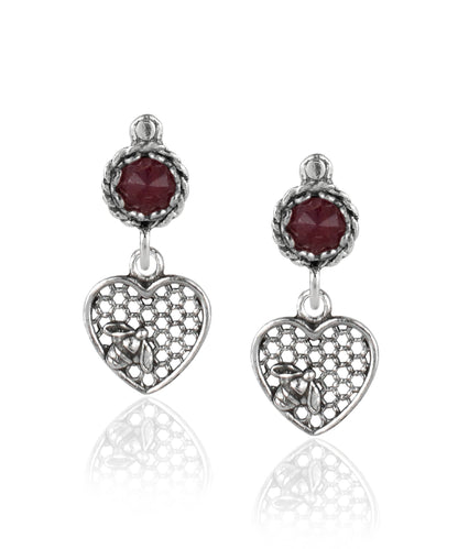 Bee on Honeycomb Heart Sterling Silver Gemstone Stud Earrings