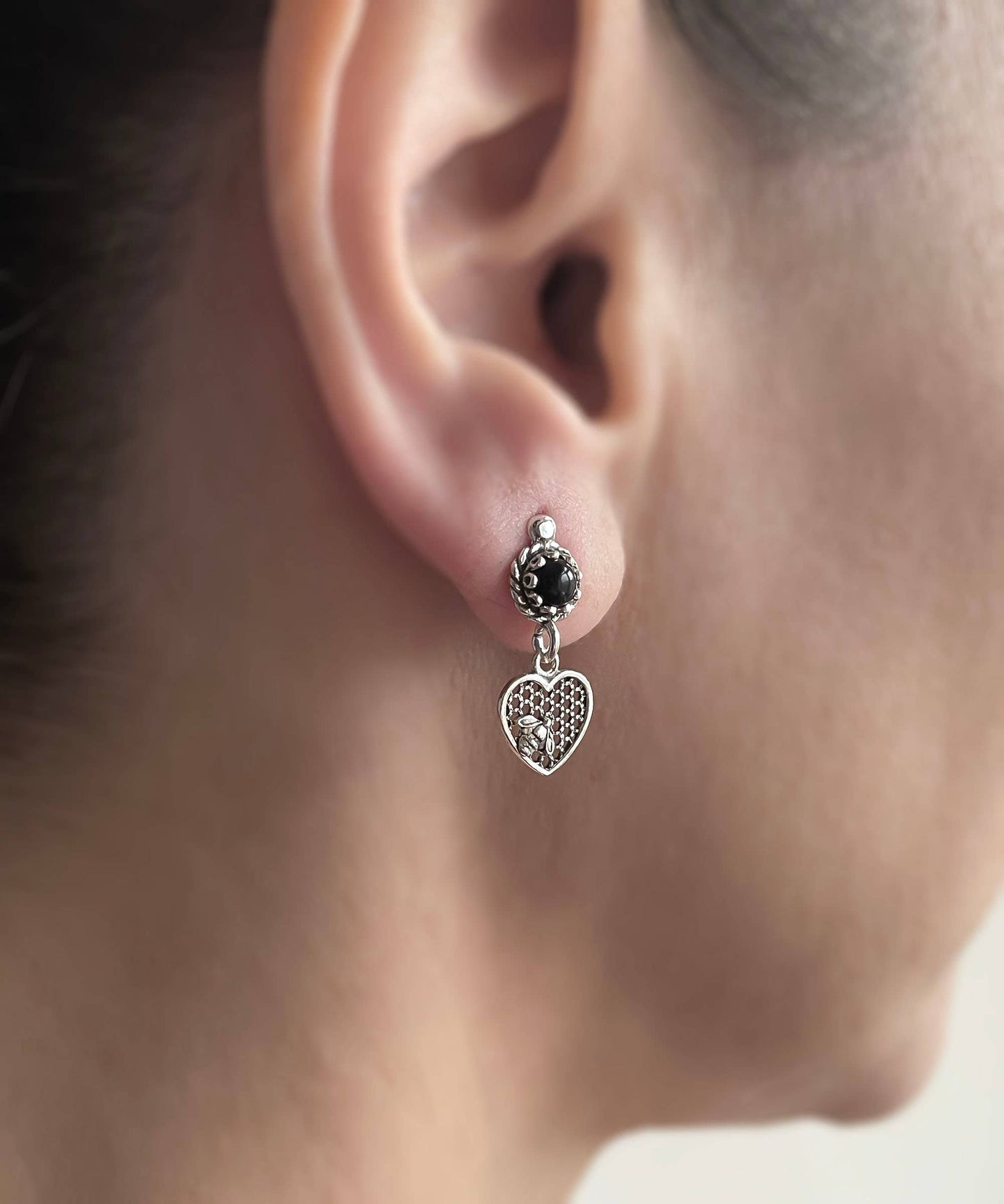 Bee on Honeycomb Heart Sterling Silver Gemstone Stud Earrings