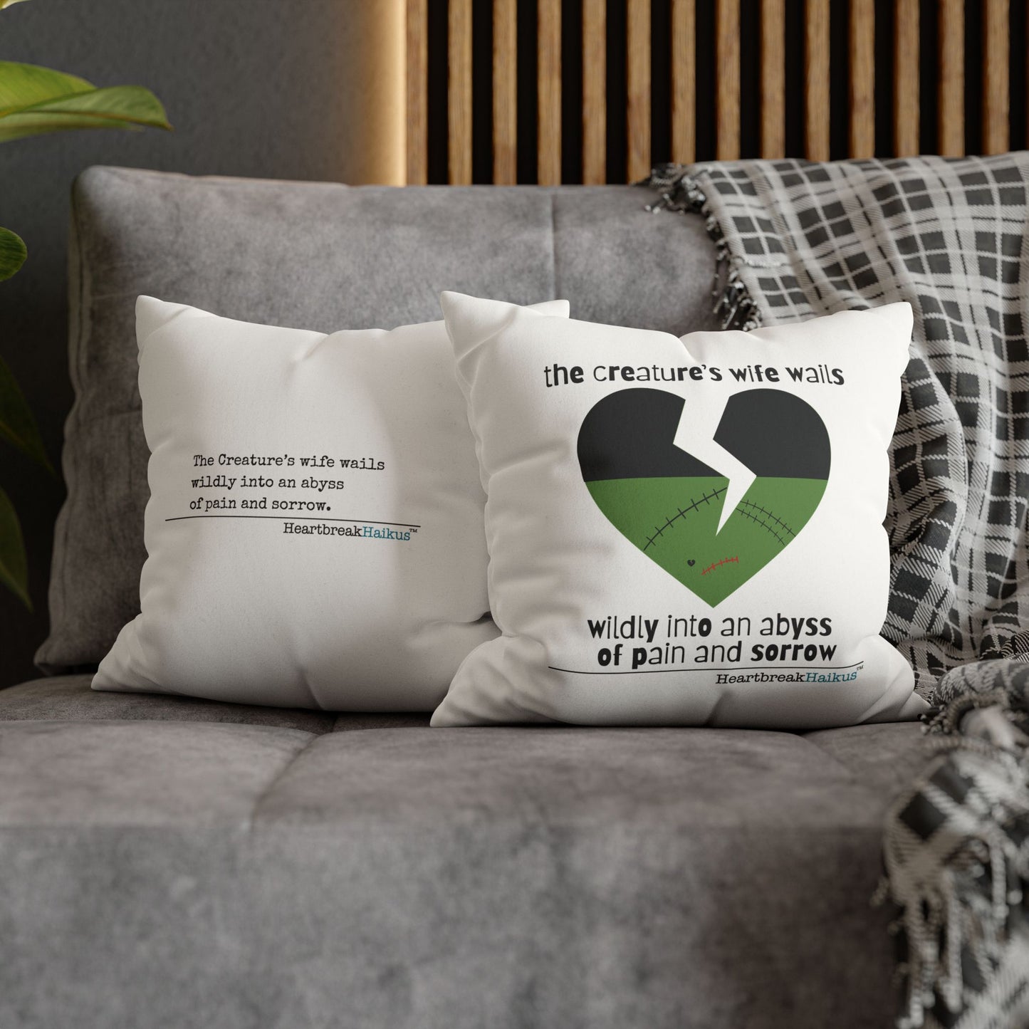 The Creature's Wife Wails Frankenstein Haiku - Faux Suede Square Pillowcase (in Snow White)